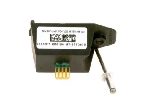 Bosch Modul mit einem schwarzen Gehäuse, zwei Anschlusskontakten und einem Sensor oder Mechanismus, sichtbar an einer Metallstange, die aus dem Gerät herausragt.